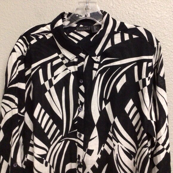 Tahari Shirt Womens Black White Print Linen Blend Button Up Blouse Top Sz Large - Picture 3 of 10